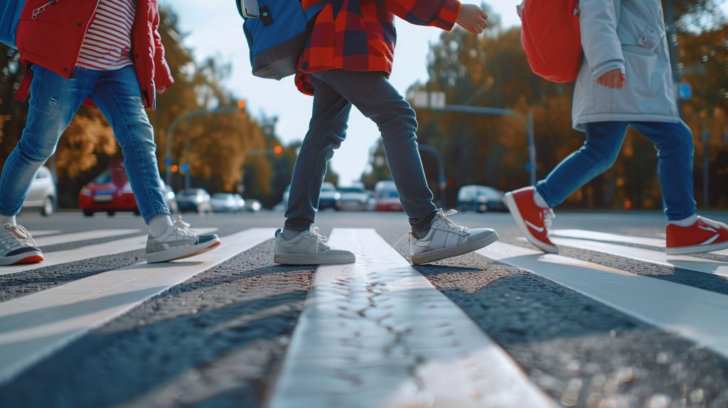 Close-up von Schulkindern, die über einen Zebrastreifen gehen